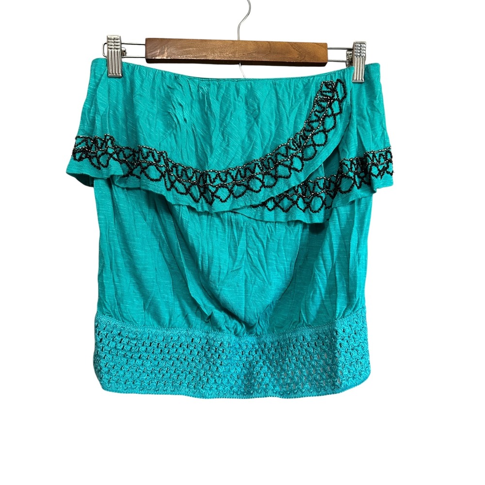 Jessica‎ Simpson Women's Medium Tube Top Turquoise Blue Beaded Ruffle Sleeveless